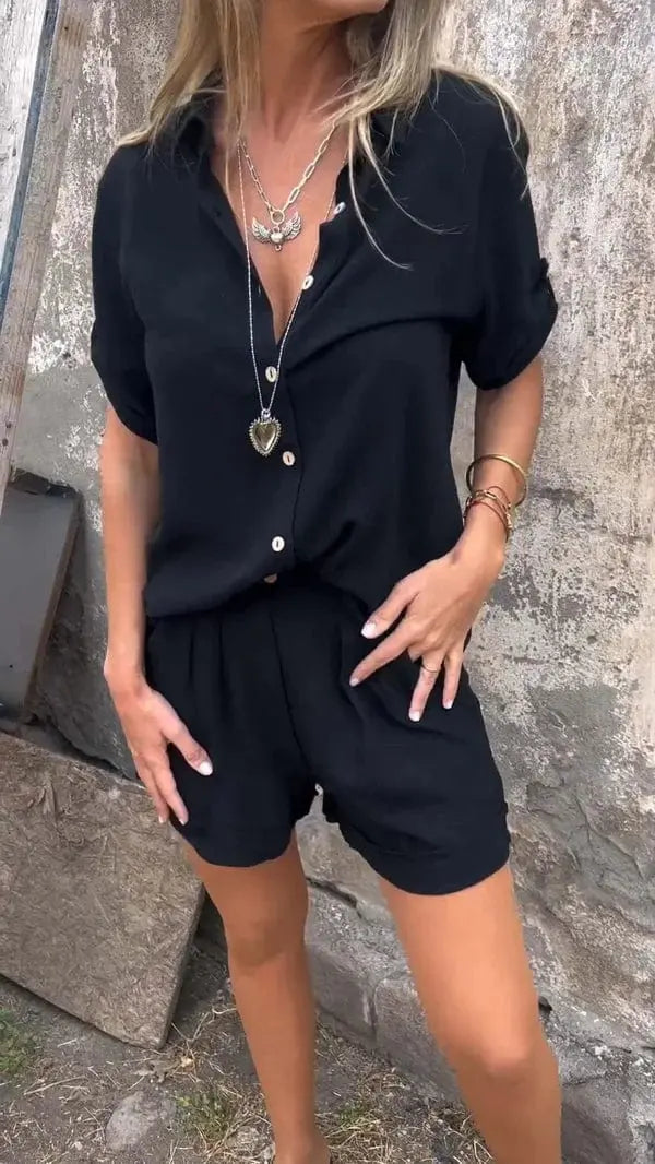 Zweiteiler Damen Sommer | Hemdbluse & Shorts im Leinen-Look
