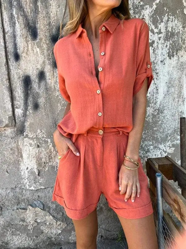 Zweiteiler Damen Sommer | Hemdbluse & Shorts im Leinen-Look