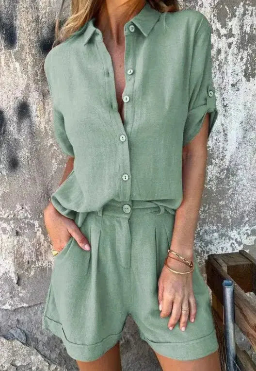 Zweiteiler Damen Sommer | Hemdbluse & Shorts im Leinen-Look