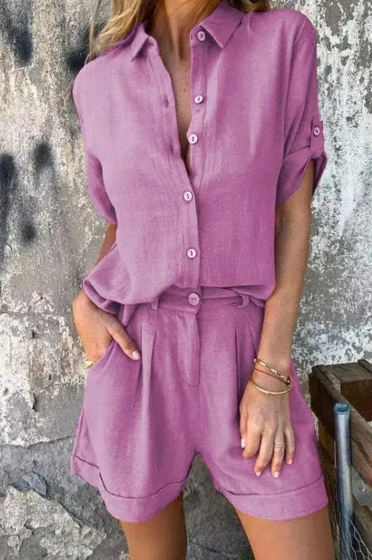 Zweiteiler Damen Sommer | Hemdbluse & Shorts im Leinen-Look