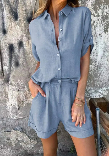 Zweiteiler Damen Sommer | Hemdbluse & Shorts im Leinen-Look
