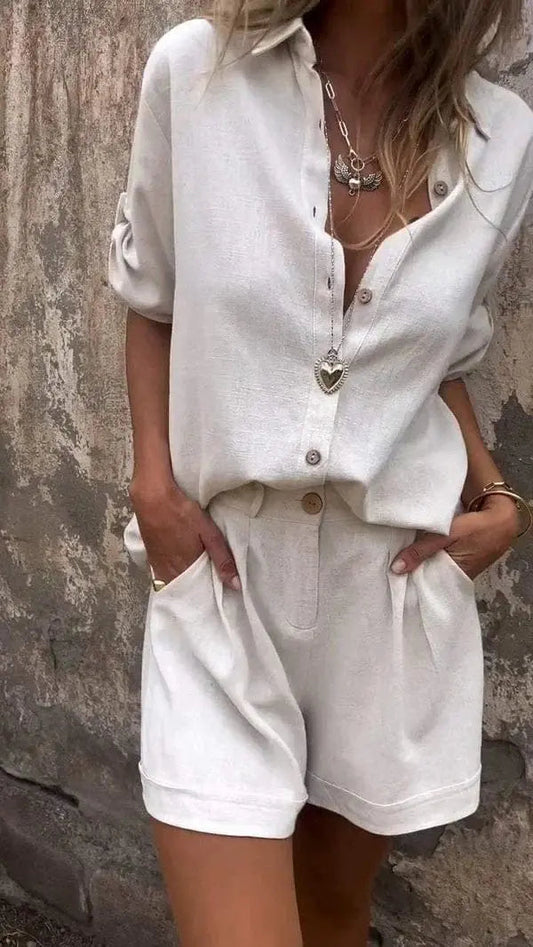 Zweiteiler Damen Sommer | Hemdbluse & Shorts im Leinen-Look
