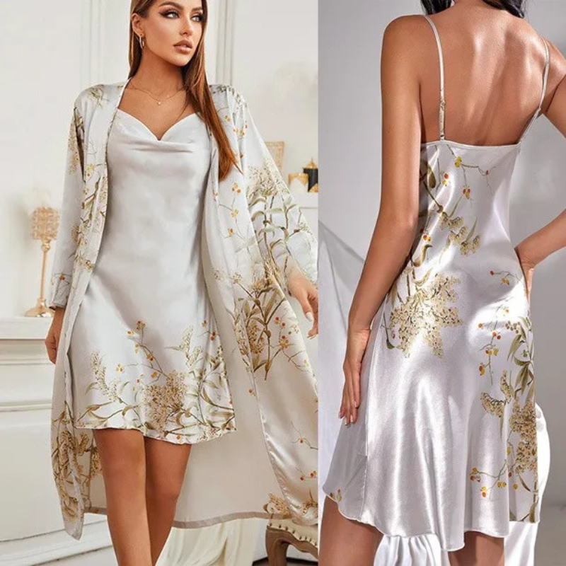 Zweiteiler Damen Sommer | Satin Nachthemd & Kimono-Set mit Blumenprint