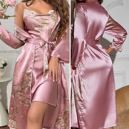 Zweiteiler Damen Sommer | Satin Nachthemd & Kimono-Set mit Blumenprint