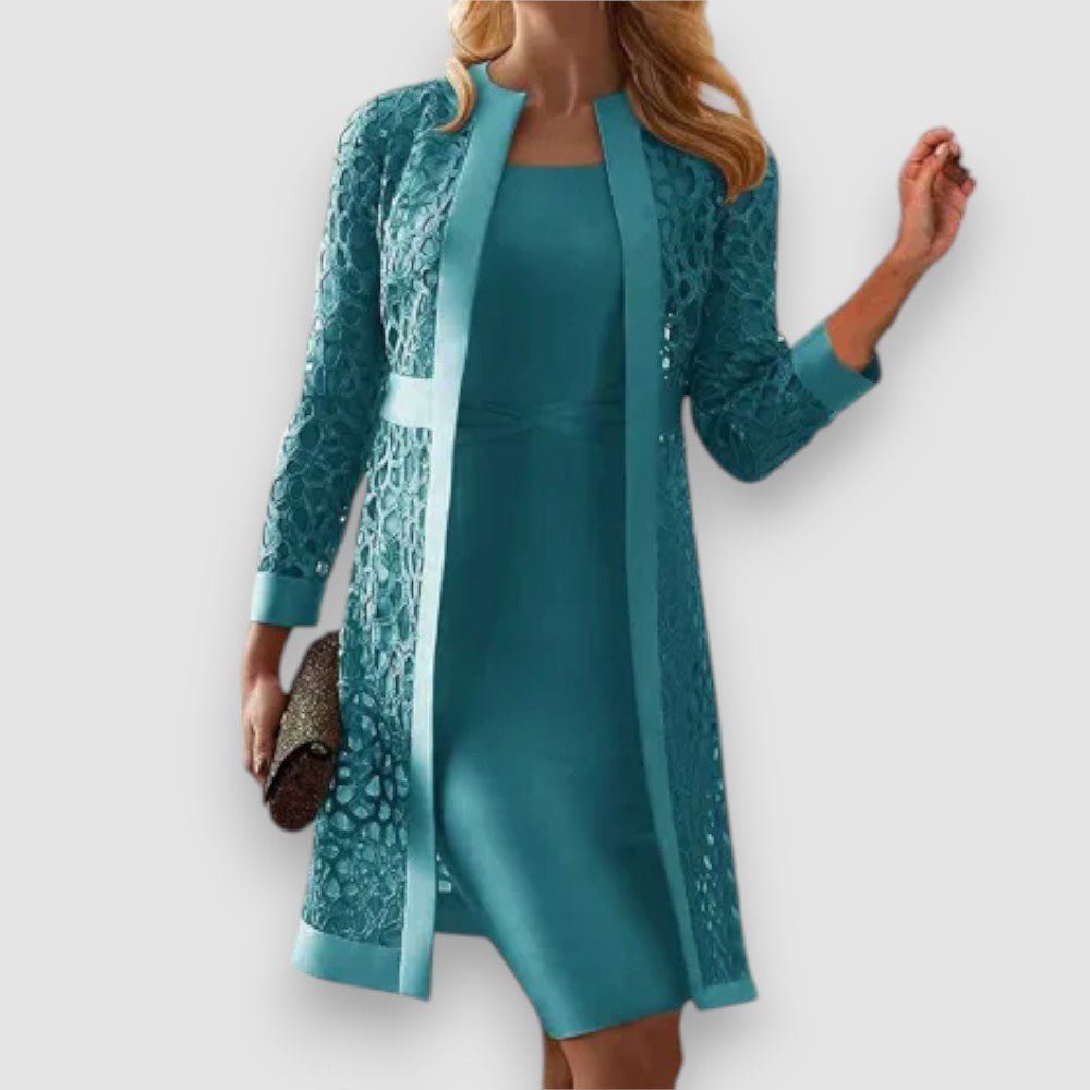 Zweiteiler Set Damen | Etui-Kleid & Offene Spitzenjacke