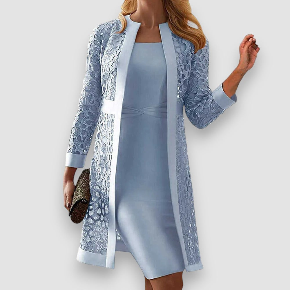 Zweiteiler Set Damen | Etui-Kleid & Offene Spitzenjacke