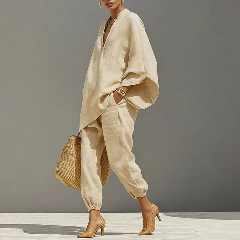 Zweiteiliges Set Damen | V-Ausschnitt-Tunika & Tapered Hose