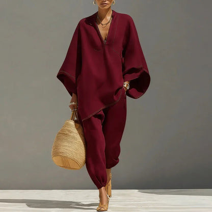 Zweiteiliges Set Damen | V-Ausschnitt-Tunika & Tapered Hose