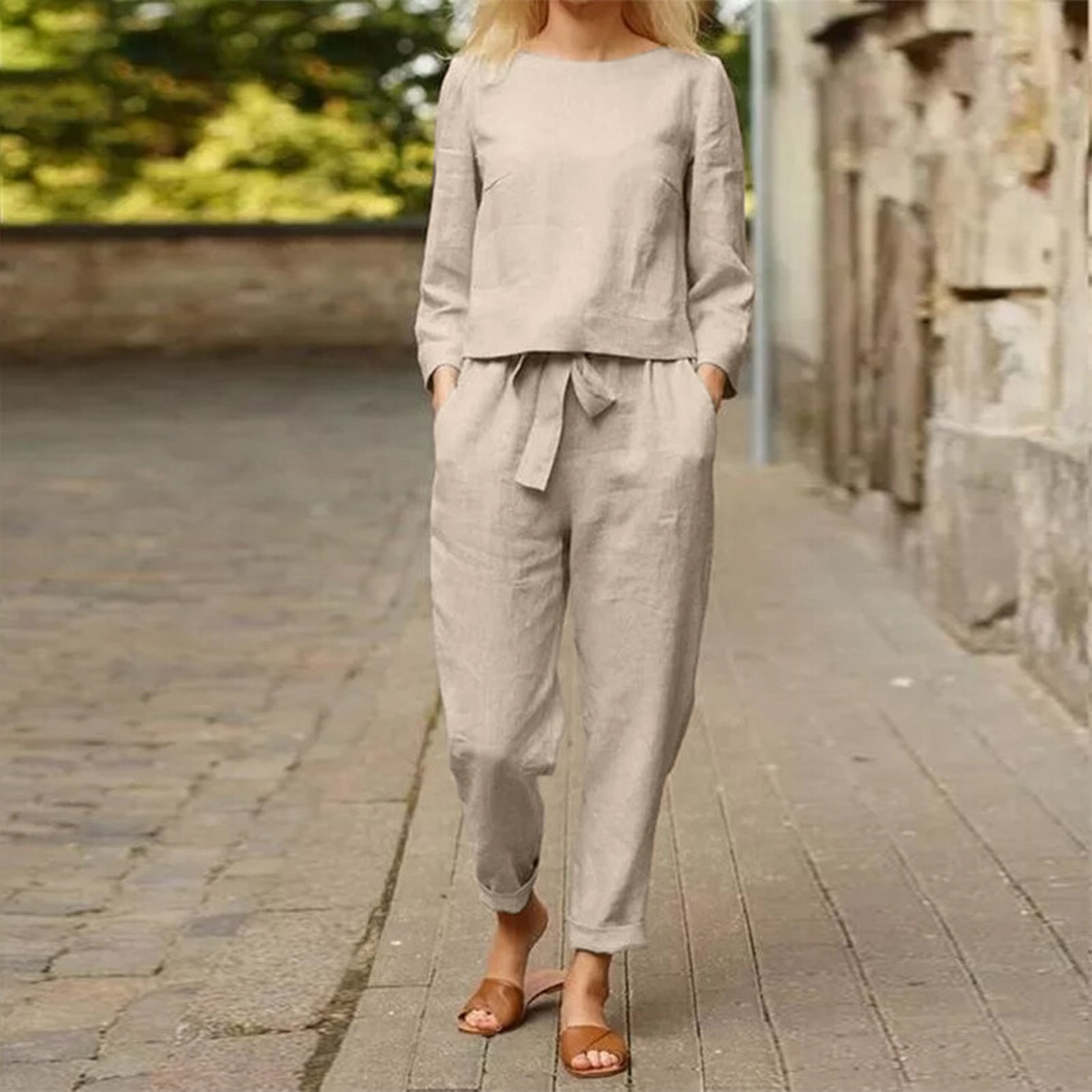 Zweiteiliges Damen Herbst-Outfit mit Rundhals-Shirt & Hose mit Gummibund – Nia 0