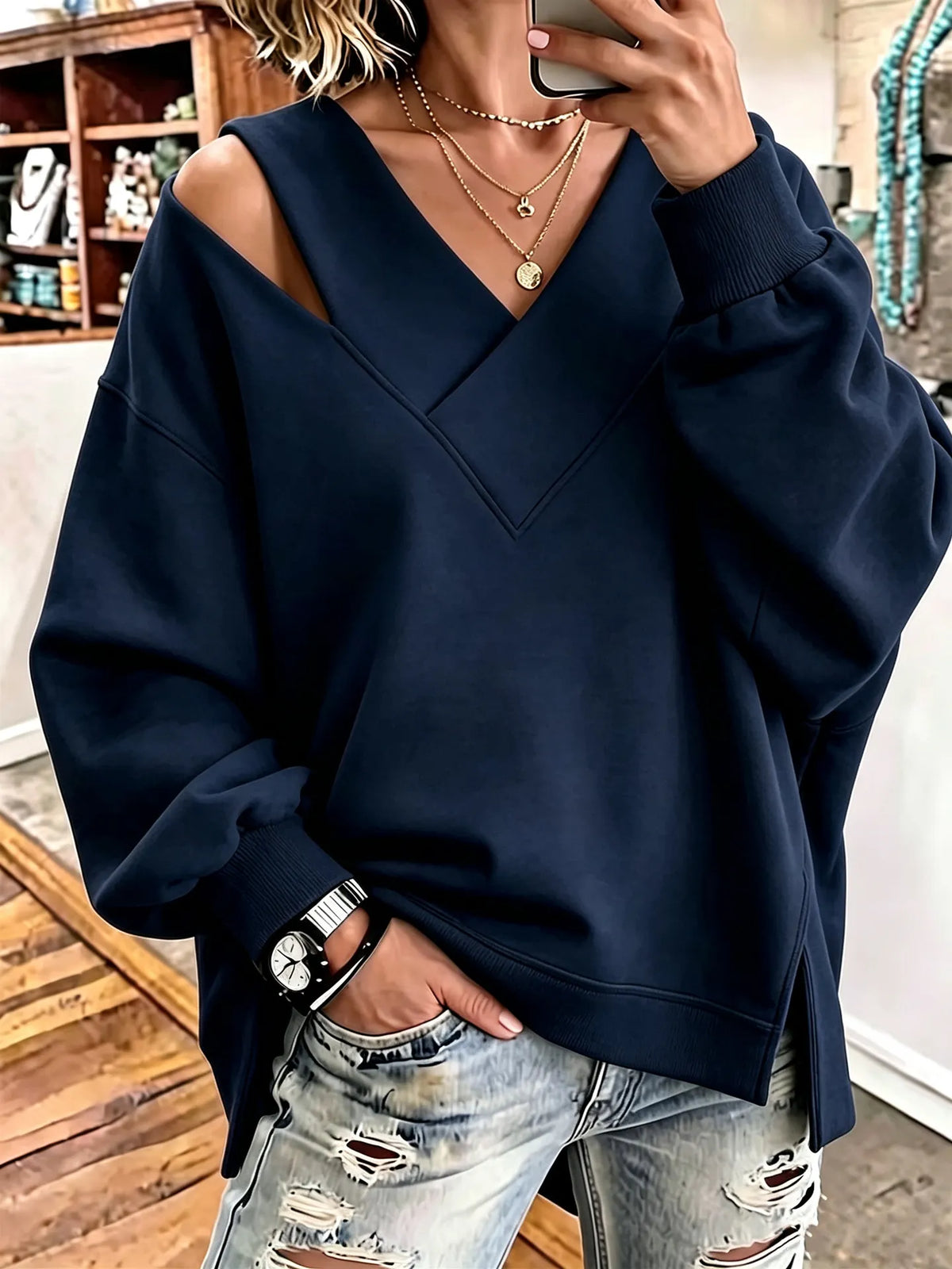 Sweatshirt Damen | V-Ausschnitt mit Cut-out-Details 6