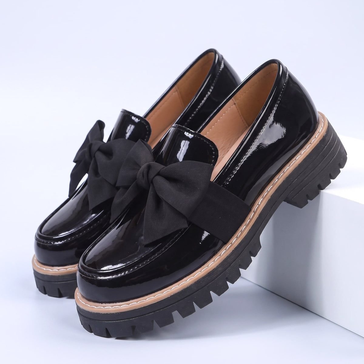 Damen Loafer Schleife Slip-on Profilsohle Glänzend Schuhe 6