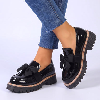 Damen Loafer Schleife Slip-on Profilsohle Glänzend Schuhe 7