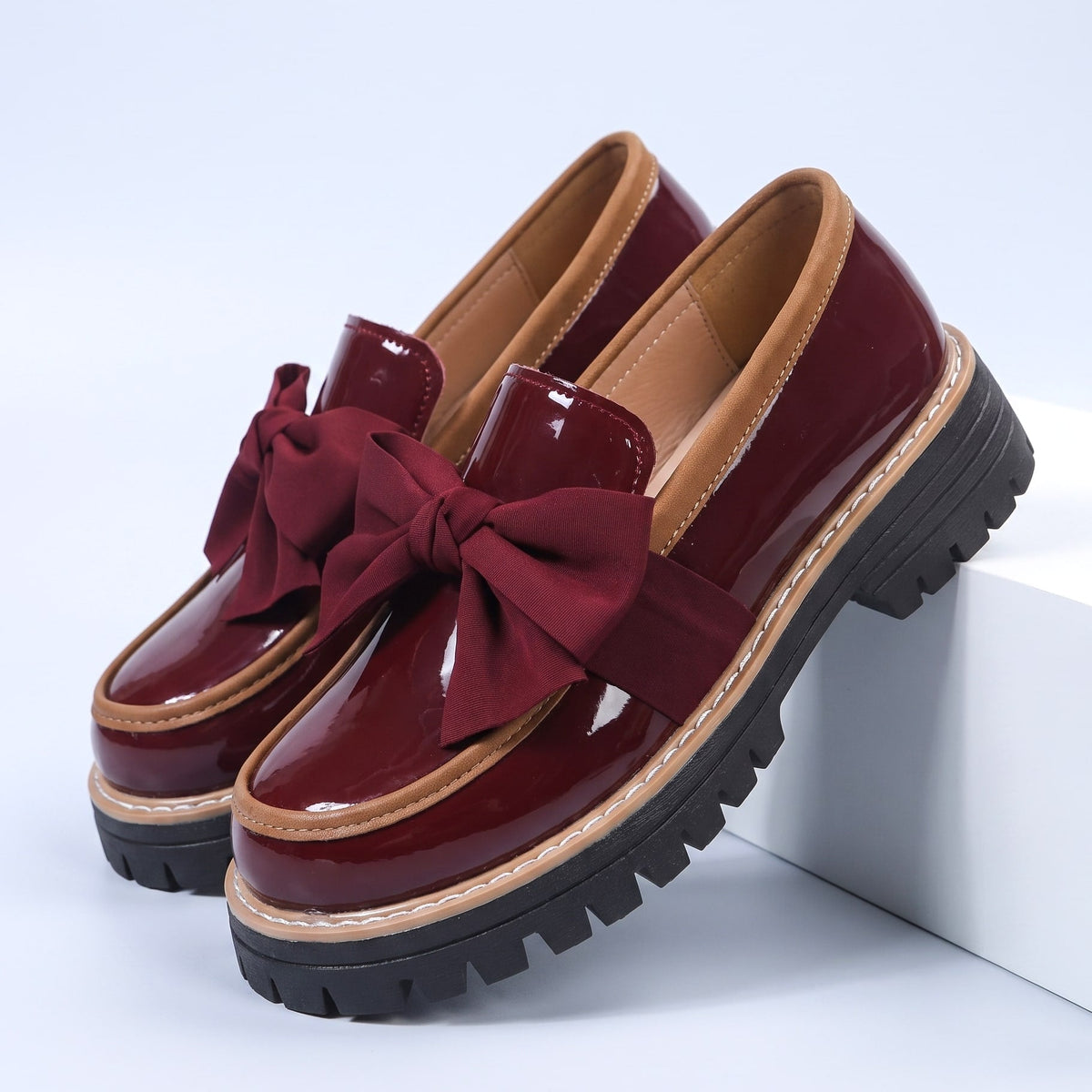 Damen Loafer Schleife Slip-on Profilsohle Glänzend Schuhe 1