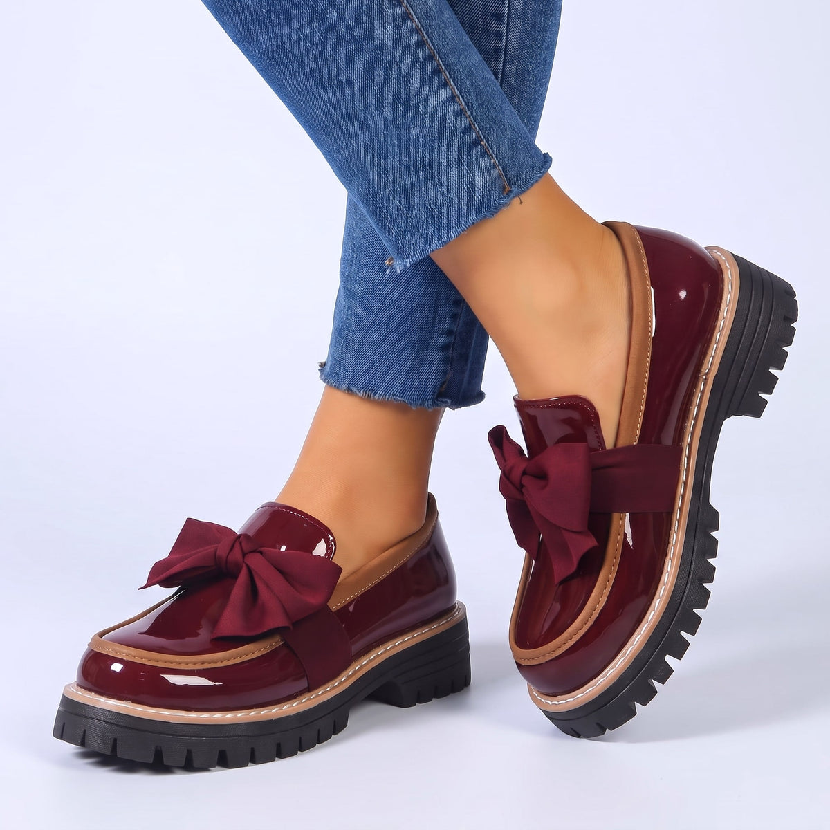 Damen Loafer Schleife Slip-on Profilsohle Glänzend Schuhe 2
