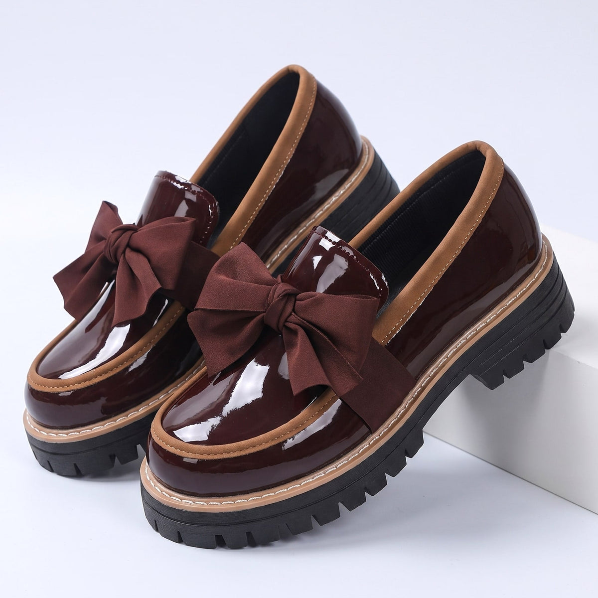 Damen Loafer Schleife Slip-on Profilsohle Glänzend Schuhe 4