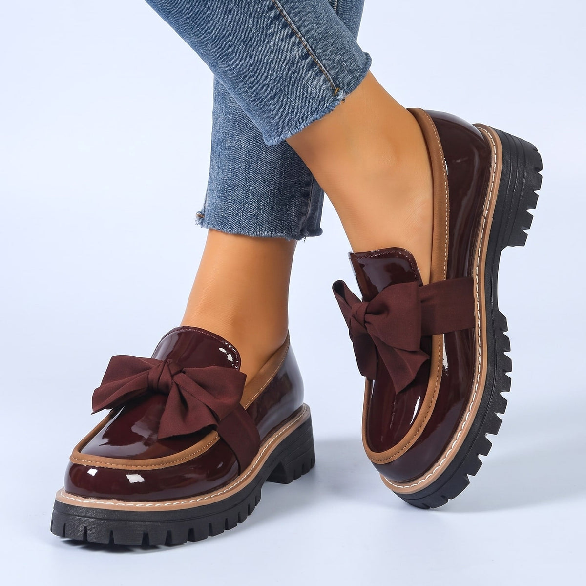 Damen Loafer Schleife Slip-on Profilsohle Glänzend Schuhe 5