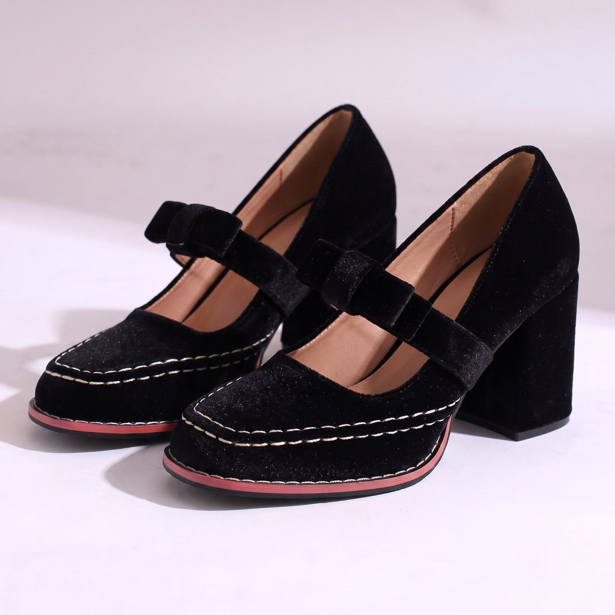 Damen Pumps Blockabsatz Schleifendetail Riemchen Schuhe 7
