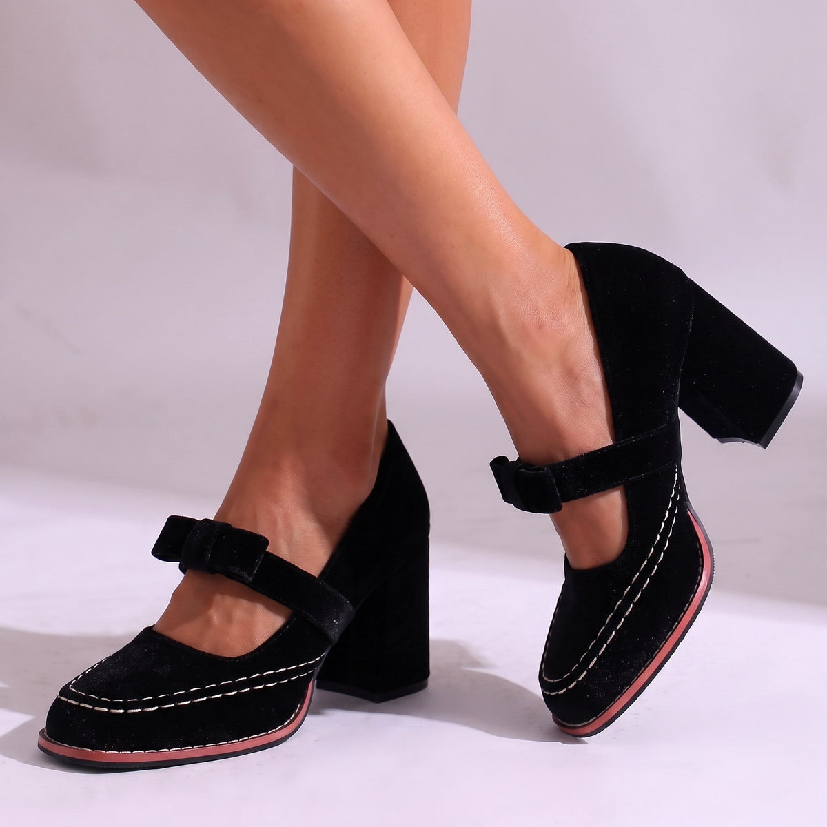 Damen Pumps Blockabsatz Schleifendetail Riemchen Schuhe 8