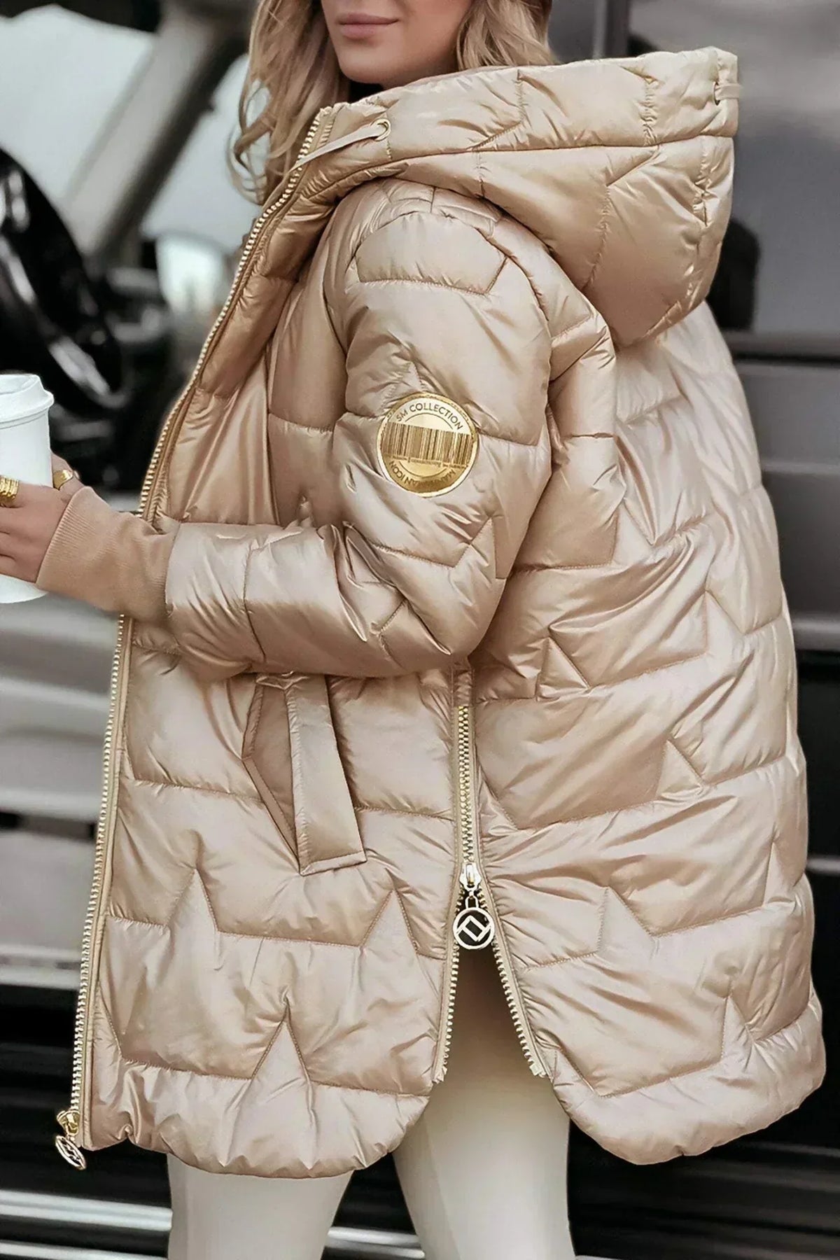 Aldvika | Damen Steppjacke Lang mit Kapuze - Bronze - Image 4