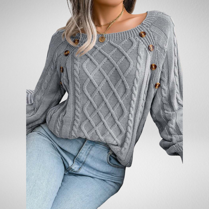 Aldwina | Damen Zopfmuster-Strickpullover mit Knöpfen - Grey - Image 1