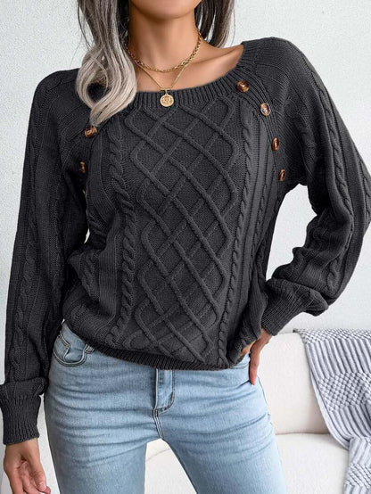 Aldwina | Damen Zopfmuster-Strickpullover mit Knöpfen - Grey - Image 3