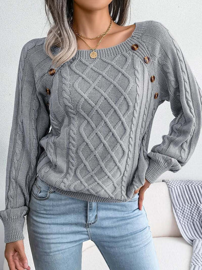 Aldwina | Damen Zopfmuster-Strickpullover mit Knöpfen - Grey - Image 6