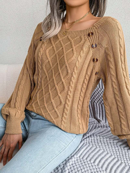 Aldwina | Damen Zopfmuster-Strickpullover mit Knöpfen - Grey - Image 7