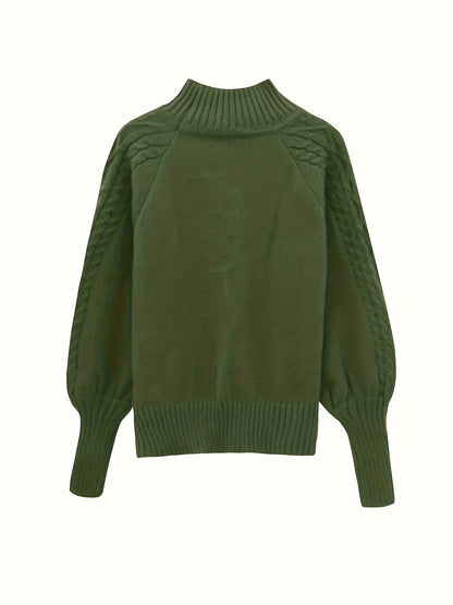 Aldwyna | Damen Zopfmuster Pullover Rollkragen Strickpullover - Olive Green - Image 6