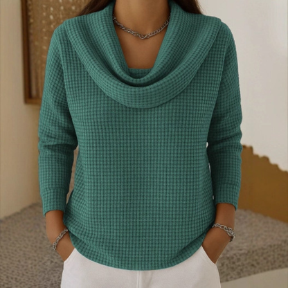 Almeke | Damen Strickpullover Wasserfallkragen Waffelstruktur - Teal - Image 1