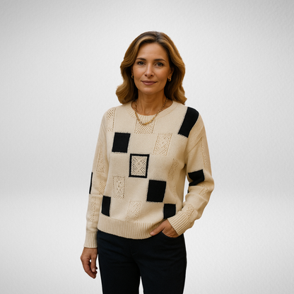 Almira | Damen Strickpullover Patchwork Rundhals - Image 1