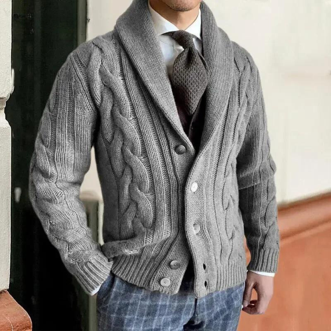 Baldric | Herren Zopfmuster Strickjacke - Dark Grey - Image 3