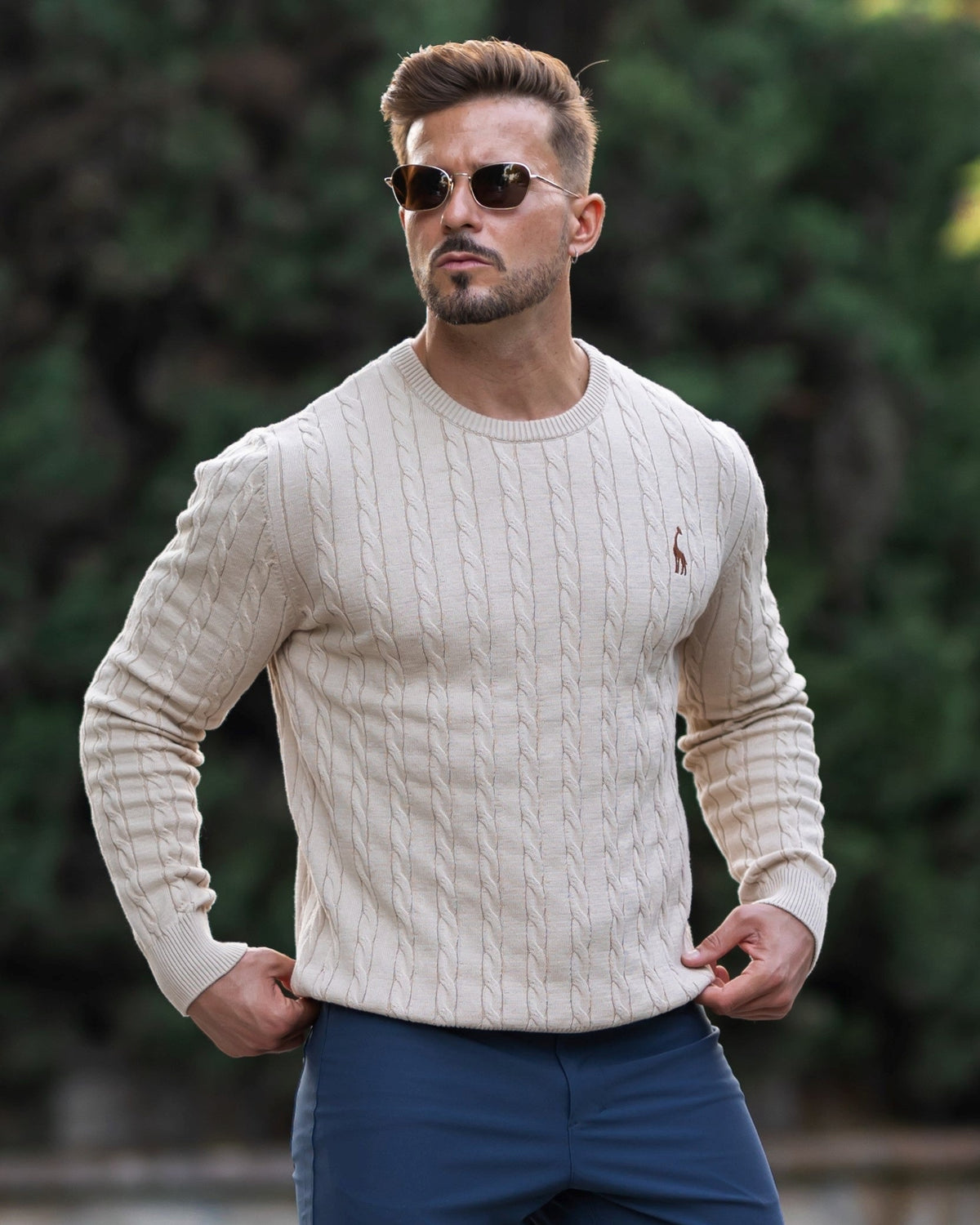Bastian | Herren Zopfmuster Langarm Strickpullover - Beige - Image 1