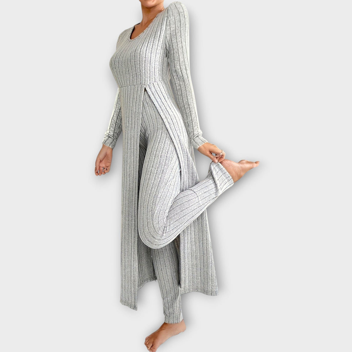Bregild | Damen Hausanzug Rippstrick-Set mit Tunika - Light Grey - Image 1
