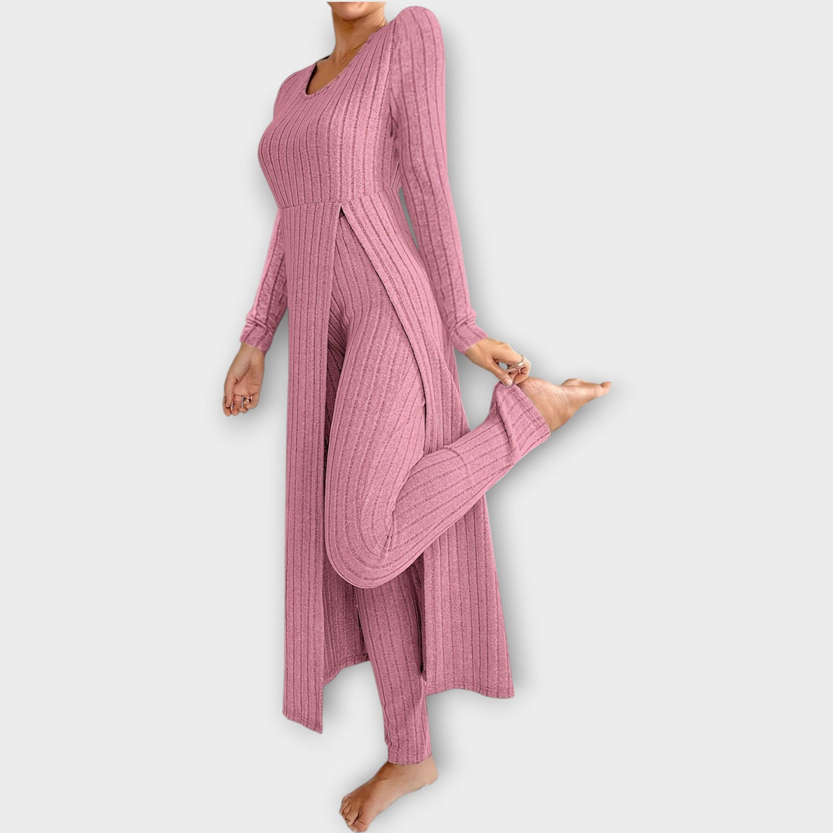 Bregild | Damen Hausanzug Rippstrick-Set mit Tunika - Light Grey - Image 12