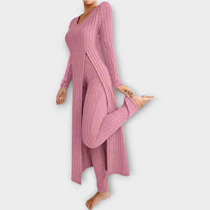 Bregild | Damen Hausanzug Rippstrick-Set mit Tunika - Light Grey - Image 12