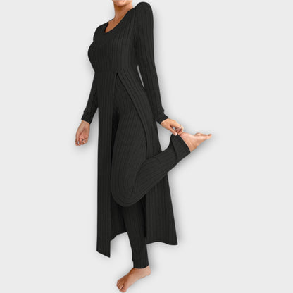 Bregild | Damen Hausanzug Rippstrick-Set mit Tunika - Light Grey - Image 2
