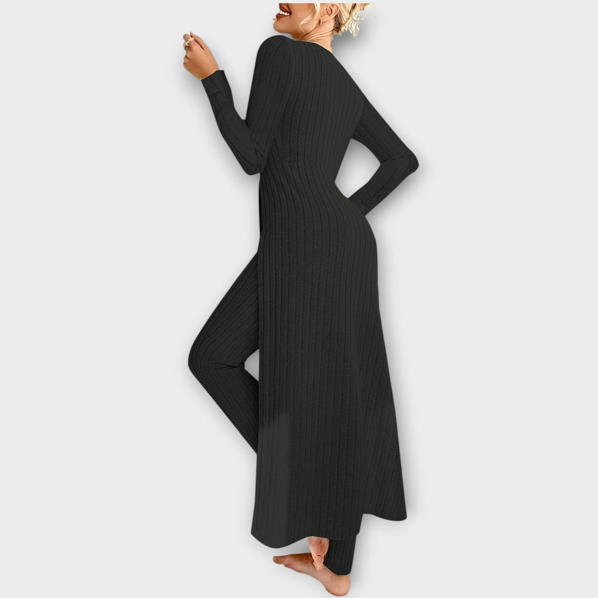 Bregild | Damen Hausanzug Rippstrick-Set mit Tunika - Light Grey - Image 3
