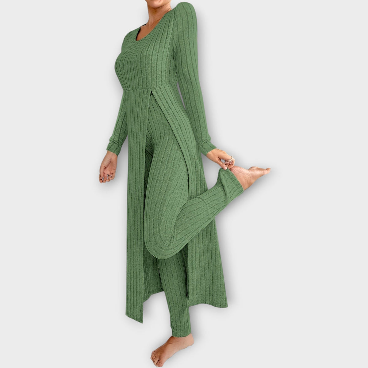 Bregild | Damen Hausanzug Rippstrick-Set mit Tunika - Light Grey - Image 4