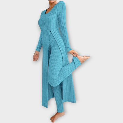 Bregild | Damen Hausanzug Rippstrick-Set mit Tunika - Light Grey - Image 5
