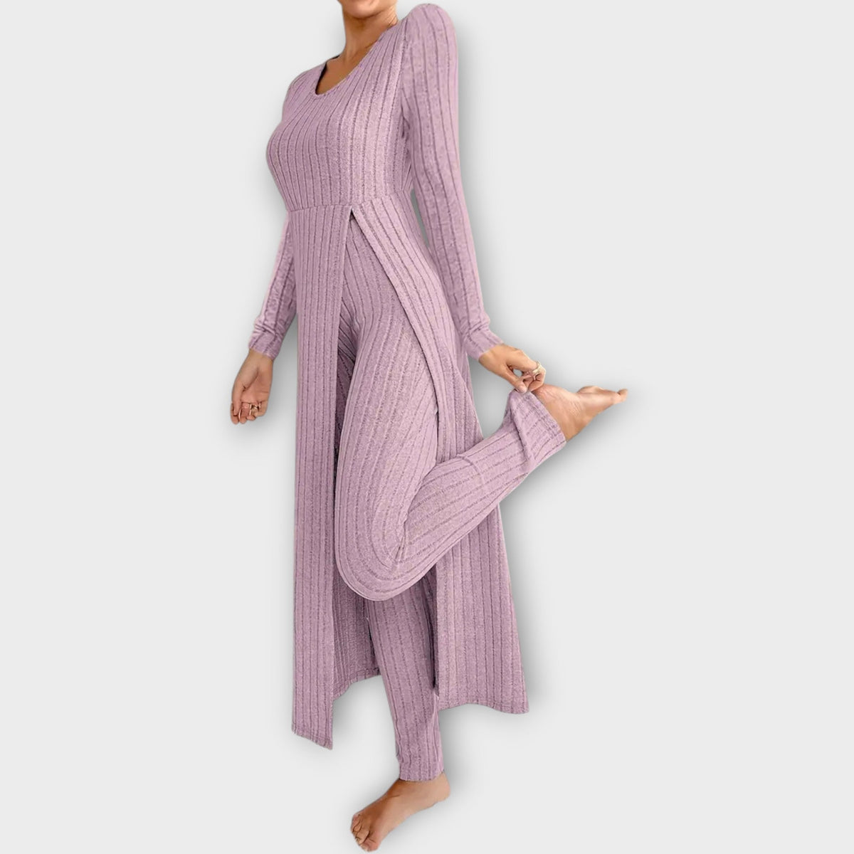 Bregild | Damen Hausanzug Rippstrick-Set mit Tunika - Light Grey - Image 6