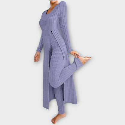 Bregild | Damen Hausanzug Rippstrick-Set mit Tunika - Light Grey - Image 7