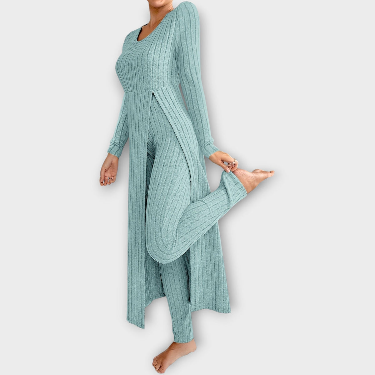 Bregild | Damen Hausanzug Rippstrick-Set mit Tunika - Light Grey - Image 8