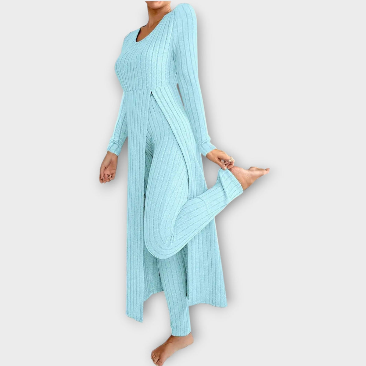 Bregild | Damen Hausanzug Rippstrick-Set mit Tunika - Light Grey - Image 9