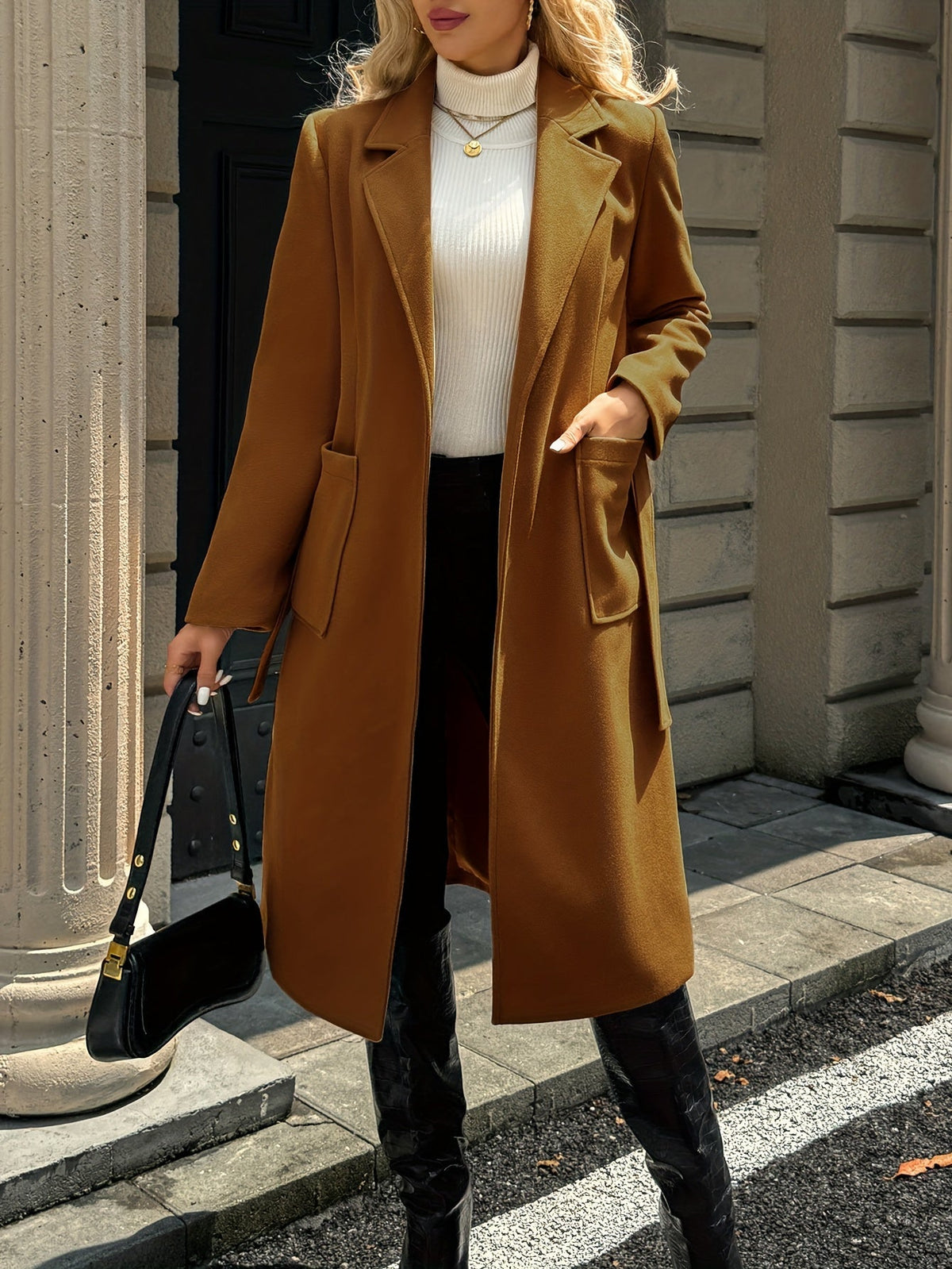 Brimdora | Damen Langer Mantel mit Bindegürtel - Camel - Image 11