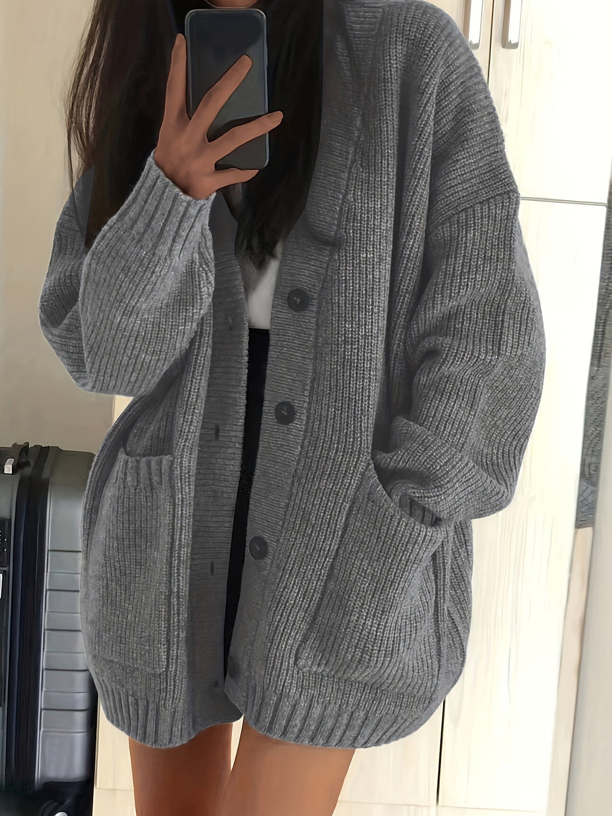 Brunike | Damen Oversize Strickjacke mit Knopfleiste - Olive Green - Image 5