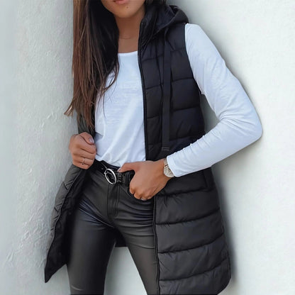 Brunora | Damen Lange Steppweste mit Kapuze - Black - Image 1