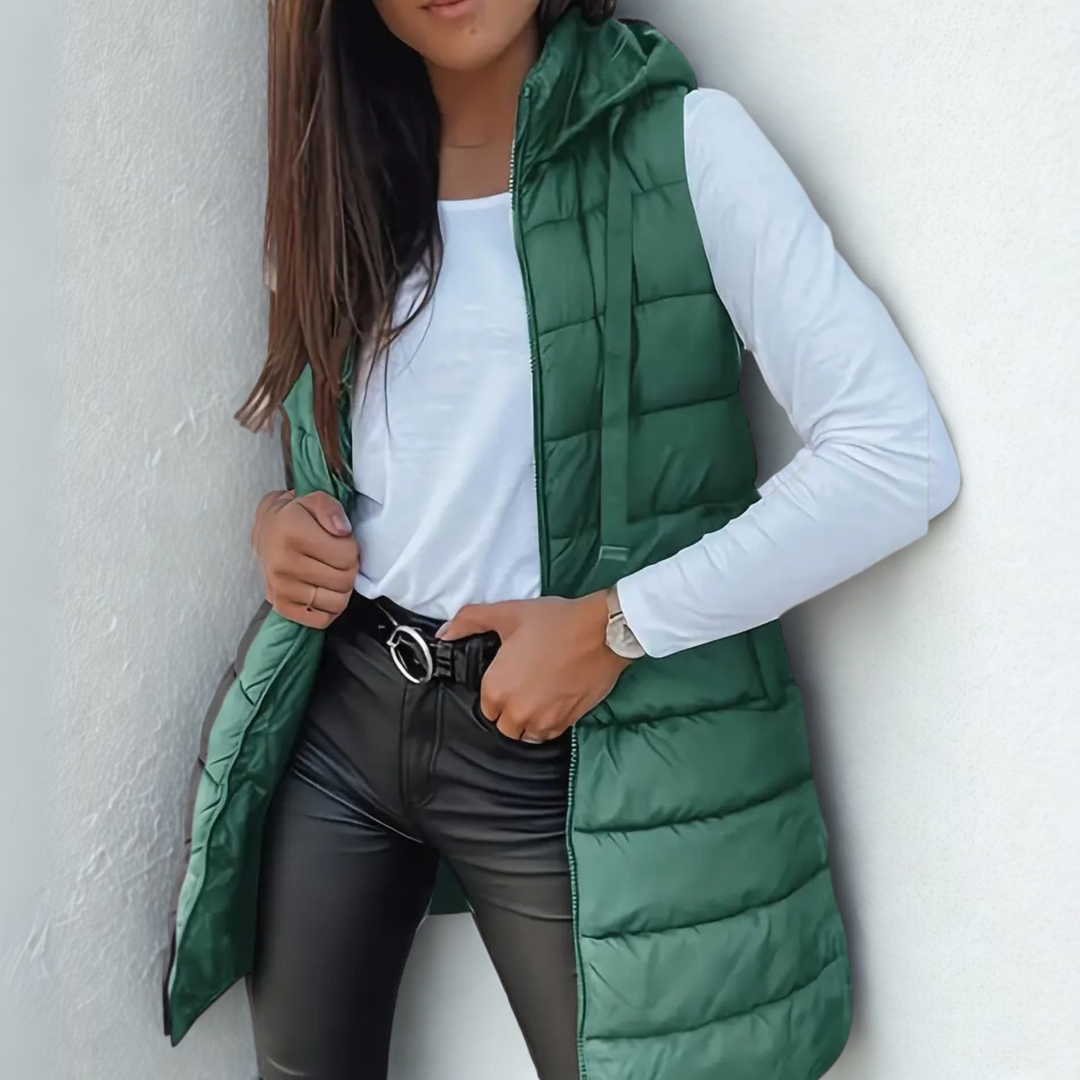 Brunora | Damen Lange Steppweste mit Kapuze - Black - Image 2