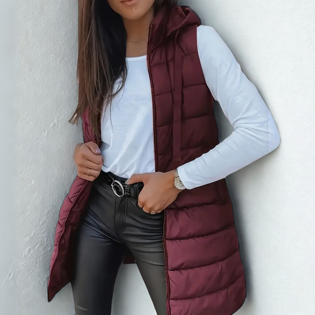 Brunora | Damen Lange Steppweste mit Kapuze - Black - Image 3