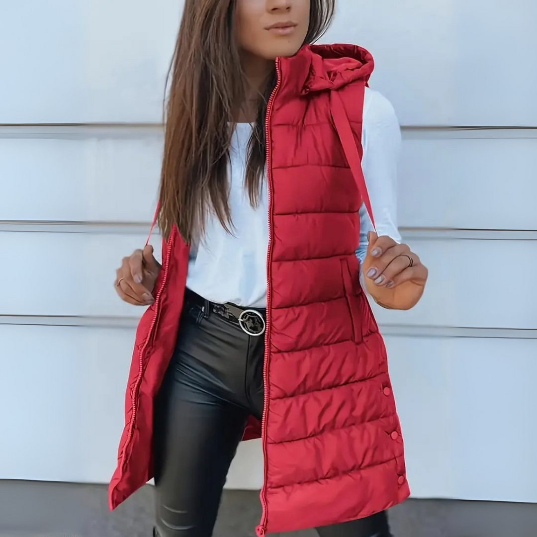 Brunora | Damen Lange Steppweste mit Kapuze - Black - Image 8