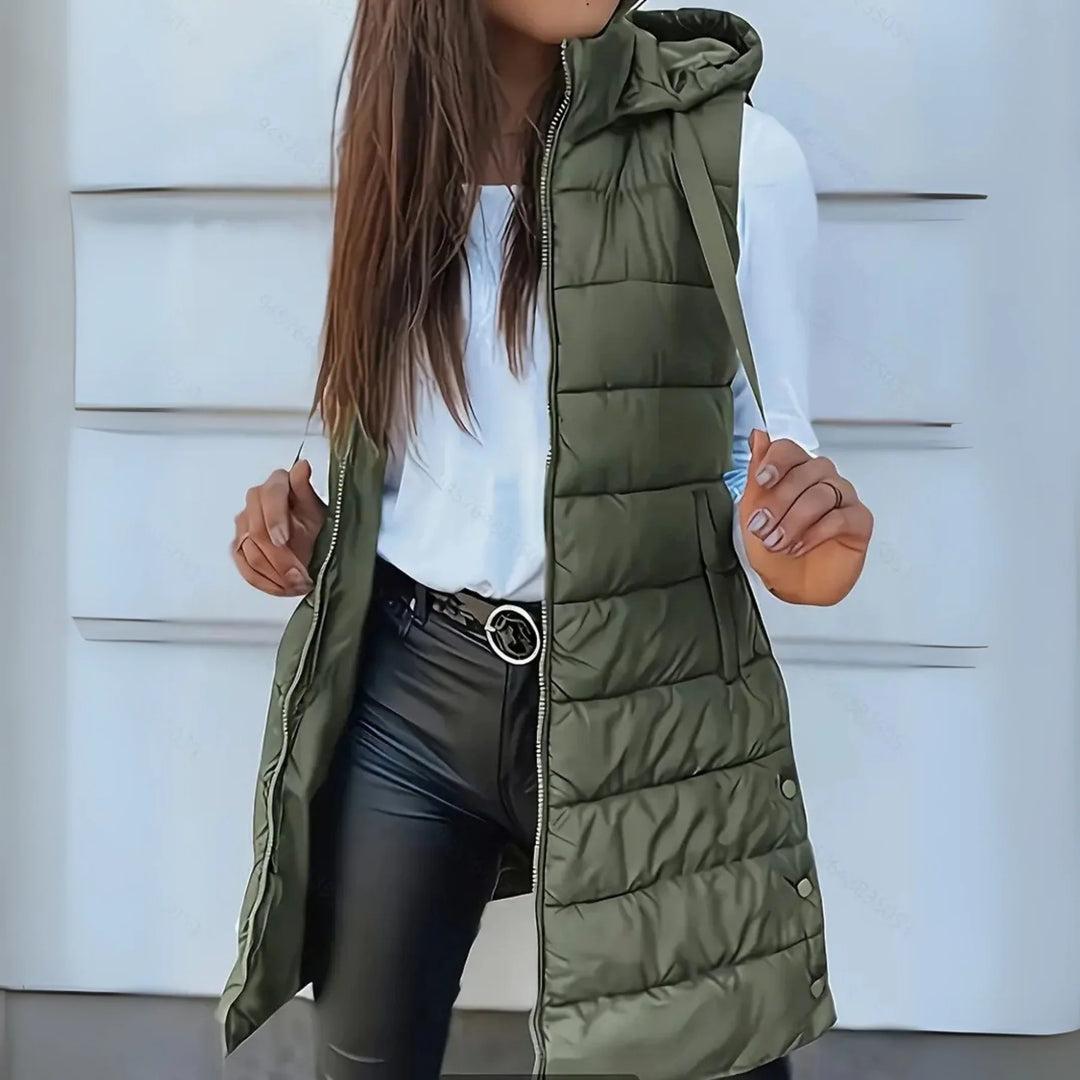 Brunora | Damen Lange Steppweste mit Kapuze - Black - Image 9